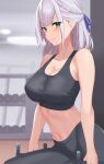  1girl bangs bare_shoulders black_pants blue_eyes blush braid breasts cleavage closed_mouth crown_braid dumbbell eyebrows_visible_through_hair from_side green_eyes gym hair_ribbon highres holding hololive large_breasts medium_hair midriff navel pants ribbon shirogane_noel solo sports_bra stomach virtual_youtuber weightlifting weights white_hair whitek yoga_pants 