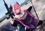  1girl absurdres black_jacket blurry blurry_background breasts cleavage commission dragunov_noa glasses ground_vehicle gun hair_ornament hairclip highres holding holding_gun holding_weapon horns jacket motor_vehicle motorcycle necktie original pantyhose parking_lot pink_hair pink_skirt pointy_ears purple_eyes purple_horns rifle shadow skirt smile solo weapon 