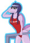  absurd_res anthro clothed clothing dinosaur eyewear female goodbye_volcano_high hair hi_res humanoid lifeguard long_snout muscular muscular_female pigtails purple_body purple_eyes reptile rosemary_(gvh) scalie simple_background snoot_game_(fan_game) snout unknown_artist video_games 