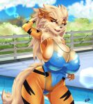  2022 5_fingers absurd_res amber_eyes anthro arcanine big_breasts blonde_hair breasts camel_toe cheek_tuft chest_tuft cleavage clothed clothing clothing_pull cloud detailed_background facial_tuft female fence fingers gesture hair half-closed_eyes hi_res huge_breasts lens_flare long_hair looking_at_viewer mazinga669 narrowed_eyes navel_outline nintendo nipple_outline one-piece_swimsuit outside plant pok&eacute;mon pok&eacute;mon_(species) poolside sky solo standing striped_body stripes swimming_pool swimwear tree tuft v_sign video_games vines water 