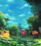  absurdres bandana branch can chair character_request closed_eyes cloud cloudy_sky day drinking falling_leaves fishing flower forest frog hat highres kirby kirby_(series) leaf looking_to_the_side lotus monster nature ocean outdoors sitting sky smile suyasuyabi tree 