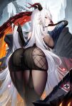  1girl aegir_(azur_lane) ass azur_lane bangs black_gloves black_legwear breasts cross cross_earrings earrings elbow_gloves from_behind gloves hand_in_own_hair highres horns jewelry large_breasts long_hair looking_at_viewer looking_back multicolored_hair parted_lips red_hair ririko_(zhuoyandesailaer) smile solo streaked_hair thighs white_hair yellow_eyes 