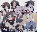  6+girls :q anchor_symbol ayanami_(kancolle) ayanami_kai_ni_(kancolle) bangs black_hair black_sailor_collar blonde_hair breast_pocket breasts brown_hair enemy_lifebuoy_(kancolle) eyebrows_visible_through_hair gambier_bay_(kancolle) gloves grey_background hair_between_eyes hair_ornament hair_ribbon hairband hane_(hane_0928) headband headgear highres hyuuga_(kancolle) hyuuga_kai_ni_(kancolle) japanese_clothes kagerou_(kancolle) kantai_collection long_hair long_sleeves medium_breasts minigirl multiple_girls nagara_(kancolle) neck_ribbon one_side_up open_mouth parted_lips pink_hair pocket ribbon rigging sailor_collar scarf school_uniform sendai_(kancolle) sendai_kai_ni_(kancolle) serafuku shiranui_(kancolle) shirt short_hair short_sleeves side_ponytail signature simple_background sleeveless tongue tongue_out twitter_username upper_body very_long_hair vest white_scarf 