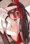  1girl adjusting_hair bow breasts brown_hair detached_sleeves hair_bow hair_tubes hakurei_reimu highres large_breasts liya long_hair looking_at_viewer looking_back orange_eyes red_bow sideboob solo touhou 