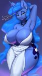  anthro big_breasts breasts clothed clothing cutie_mark digital_media_(artwork) dress equid equine female friendship_is_magic hasbro hi_res horn huge_breasts looking_at_viewer mammal my_little_pony nexcoyotlgt princess_luna_(mlp) simple_background smile solo text winged_unicorn wings 