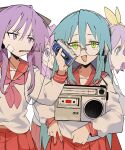  4girls :3 absurdres bandaid bangs bespectacled blue_eyes blue_hair bow brown_bow cassette_player cowboy_shot ddari eyebrows_visible_through_hair film_grain food furrowed_brow glasses green_eyes hair_between_eyes hair_bow hair_ornament hair_ribbon hand_up headphones highres hiiragi_kagami hiiragi_tsukasa izumi_konata jitome long_hair long_sleeves looking_at_another looking_at_viewer lucky_star midriff_peek mole mole_under_eye multiple_girls neckerchief open_mouth pink_hair pleated_skirt pocky pocky_in_mouth profile purple_eyes purple_hair red_neckerchief red_sailor_collar red_skirt ribbon sailor_collar school_uniform serafuku shirt sidelocks simple_background skirt smile straight_hair takara_miyuki tareme tsurime very_long_hair walkman white_background white_shirt yellow_bow 