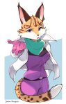  2022 absurd_res anthro bandanna belt blue_eyes breasts clothed clothing ear_piercing ear_ring ear_tuft eyebrows eyelashes felid feline female fur gloves handwear hi_res inner_ear_fluff kemono kerchief looking_at_viewer lynx mammal miyu_lynx namagakiokami nintendo open_mouth piercing purple_eyes solo spots spotted_body spotted_fur star_fox tuft video_games white_body white_fur yellow_body yellow_fur 