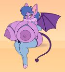  anthro areola armwear big_breasts blue_hair breasts chiropteran clothing ear_piercing fan_character female garter_straps hair half-closed_eyes hand_on_chest hi_res huge_breasts hyper hyper_breasts leggings legwear looking_at_viewer mammal narrowed_eyes neck_tuft nipples penny_the_bat piercing purple_body purple_nipples red_eyes sega sitting smile solo sonic_the_hedgehog_(series) spade_tail stunnerpony thick_thighs tuft wings 