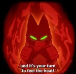  anthro armor attack black_background black_body black_eyes black_fur cape cartoon_network clothed clothing dialogue domestic_cat energy energy_ball english_text exclamation_point felid feline felis fight fighting_pose fire fist fur gloves glowing glowing_eyes green_sclera half-closed_eyes handwear looking_at_viewer male mammal mao_mao:_heroes_of_pure_heart narrowed_eyes partially_clothed pose power pupils sheriff_mao_mao_mao simple_background slit_pupils solo standing text unknown_artist whiskers 