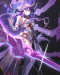  1girl absurdres arm_garter armor bangs boots breasts closed_mouth electricity genshin_impact glowing glowing_sword glowing_weapon headgear highres honlo japanese_armor japanese_clothes kusazuri long_hair medium_breasts mitsudomoe_(shape) mole mole_under_eye nail_polish purple_eyes purple_hair purple_legwear purple_nails raiden_shogun simple_background solo sparkle sword tassel thigh_boots tomoe_(symbol) weapon 