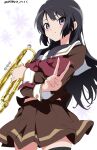  1girl absurdres artist_name bangs black_hair blush brown_shirt brown_skirt closed_mouth commentary hibike!_euphonium highres holding holding_instrument instrument kitauji_high_school_uniform kousaka_reina long_hair long_sleeves looking_at_viewer midriff_peek neckerchief pleated_skirt purple_eyes red_neckerchief sailor_collar school_uniform serafuku shirt skirt smile solo standing trumpet v white_background white_gorilla_(okamoto) white_sailor_collar 