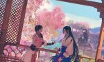  1girl black_hair bridge building cherry_blossoms fence fishing flower gu_jian_qi_tan hairband long_hair looking_down rock shadow surprised tree washanapple yun_wuyue_(gu_jian_qi_tan_3) 