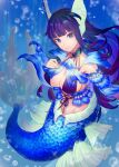  1girl air_bubble artist_name bangs blue_eyes blunt_bangs breasts bubble cleavage closed_mouth commentary_request gem head_fins highres kneeless_mermaid large_breasts long_hair looking_at_viewer mermaid monster_girl original pearl_(gemstone) purple_hair scales smile solo underwater watermark waterstaring 