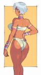  1girl ass back bikini blue_eyes bracelet breasts dark-skinned_female dark_skin earrings elena_(street_fighter) facing_away hand_on_hip highres inkerton-kun jewelry looking_back medium_breasts neck_ring short_hair solo strapless strapless_bikini street_fighter street_fighter_iii_(series) swimsuit very_dark_skin white_bikini white_hair 