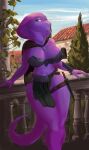  absurd_res anthro big_breasts blue_eyes blue_sky breasts building clothing cobra ear_piercing eurydice female hi_res jewelry kelkessel looking_at_viewer piercing plant purple_body purple_fingernails reptile scalie sky smile snake solo thick_thighs tree weapon 