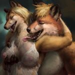  2020 anthro blonde_hair breast_grab breasts brown_body brown_fur canid canine clothing duo eyes_closed female fox fur hair hand_on_breast hi_res male male/female mammal nipples open_mouth pink_nipples sharp_teeth spectrumshift teeth tongue tongue_out translucent translucent_clothing 