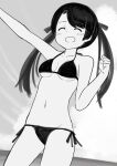  1girl alternate_breast_size arm_up bikini breasts closed_eyes cowboy_shot highres kantai_collection long_hair mikuma_(kancolle) monochrome open_mouth side-tie_bikini small_breasts smile solo standing swimsuit twintails yotubawatane 