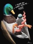  2022 3:4 3_toes anas anatid anseriform avian big_penis bird black_background dabbling_duck dialogue duck english_text feet feral genitals hi_res huge_penis hyper hyper_genitalia hyper_penis magpi male mallard membrane_(anatomy) penis pink_penis planet_earth signature simple_background solo spiral_penis text toes webbed_feet 