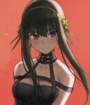  1girl bangs bare_shoulders black_dress black_hair breasts cleavage collarbone dress earrings flying_sweatdrops gold_hairband hair_ornament jewelry large_breasts long_hair looking_at_viewer red_background red_eyes sidelocks solo spy_x_family tonee yor_briar 