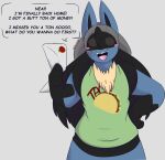 2021 anthro black_hair blue_body blue_fur blush canid canine clothed clothing dart_(dewwydarts) dewwydarts dialogue english_text food fur gloves_(marking) green_clothing green_shirt green_topwear hair hi_res holding_object letter long_hair looking_at_viewer lucario male mammal markings nintendo open_mouth pok&eacute;mon pok&eacute;mon_(species) shirt simple_background simple_eyes solo spikes spikes_(anatomy) standing taco talking_to_another text topwear video_games 