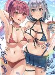  2girls arm_up armpits artist_request bikini breasts earrings front-tie_bikini front-tie_top green_eyes heterochromia highres hololive hololive_fantasy houshou_marine jewelry large_breasts mole mole_on_breast multiple_girls navel necklace ponytail red_eyes red_hair shirogane_noel short_hair swimsuit virtual_youtuber yaho_image3 yellow_eyes 