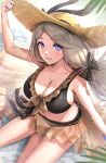  1girl absurdres bare_arms bare_shoulders bikini black_bikini blush breasts fire_emblem fire_emblem:_three_houses fire_emblem_heroes gonzarez grey_hair grin groin hat highres large_breasts long_hair looking_at_viewer mercedes_von_martritz navel official_alternate_costume purple_eyes revision sarong see-through sitting smile solo stomach sun_hat swimsuit thighs yokozuwari 