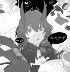  5girls ahoge aponia_(honkai_impact) breasts cleavage commentary drako_sophia eden_(honkai_impact) elysia_(honkai_impact) empty_eyes english_commentary english_text greyscale hair_between_eyes heart highres honkai_(series) honkai_impact_3rd horns large_breasts long_hair monochrome multiple_girls raiden_mei solo_focus speech_bubble spoken_blush spoken_heart surrounded yae_sakura_(goushinnso_memento) yuri 