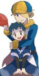  2boys :d arm_support bangs black_hair black_shirt blonde_hair blue_jumpsuit commentary_request grey_eyes hair_over_one_eye hat highres holding holding_clothes holding_hat jacket jumpsuit long_sleeves looking_at_viewer male_focus multiple_boys open_mouth own_hands_together pants pokemon pokemon_(game) pokemon_legends:_arceus red_headwear rei_(pokemon) sana_(37pisana) shirt short_hair smile teeth tongue upper_teeth volo_(pokemon) yellow_headwear 