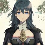  armor blue_eyes blue_hair breasts byleth_(fire_emblem) byleth_(fire_emblem)_(female) cloak expressionless fire_emblem fire_emblem:_three_houses highres medium_breasts medium_hair oyasu short_sleeves shoulder_armor staring tassel turtleneck upper_body 