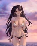  1girl arm_behind_back artist_name aztodio bangs bare_shoulders bikini black_bikini black_hair blue_sky blush breasts choker cleavage collarbone commentary cowboy_shot earrings english_commentary fate/grand_order fate_(series) gold_earrings gold_trim gradient_sky hair_ribbon halterneck holding_own_arm hoop_earrings ishtar_(fate) ishtar_(swimsuit_rider)_(fate) jewelry large_breasts long_hair looking_at_viewer mismatched_bikini navel ocean open_mouth orange_sky parted_bangs parted_lips partially_submerged red_eyes ribbon sky smile solo stomach swimsuit thigh_gap thighs twilight two_side_up very_long_hair wading wet white_bikini white_choker 