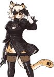  anthro black_clothing black_topwear blindfold blindfold_lift cheetah clothed clothing felid feline felis female fur hi_res holding_object holding_weapon legwear looking_at_viewer mammal melee_weapon nier_automata reccand simple_background smile solo spots spotted_body spotted_fur sword thigh_highs topwear video_games weapon yorha_2b 