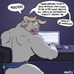  4chan anthro asterion_(minotaur_hotel) bottomwear bovid bovine chair clothed clothing computer european_mythology furniture greek_mythology hi_res loincloth looking_at_viewer looking_back looking_back_at_viewer male mammal minotaur minotaur_hotel muscular muscular_male mythology nanoff office_chair on_chair rear_view sitting sitting_on_chair solo topless 
