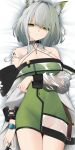  1girl absurdres animal_ear_fluff animal_ears arknights arm_under_breasts bangs bare_shoulders bed_sheet breasts buckle cat_ears cleavage closed_mouth coat collarbone dakimakura_(medium) dress eyebrows_visible_through_hair green_dress green_eyes grey_hair groin highres holding holding_syringe jewelry kal&#039;tsit_(arknights) long_sleeves looking_at_viewer lying medium_breasts no_panties on_back on_bed open_clothes open_coat oripathy_lesion_(arknights) ring see-through short_dress short_hair solo syringe v-shaped_eyebrows watch white_coat wristwatch z.taiga 