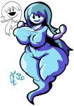 absurd_res beady_eyes big_breasts big_nipples black_eyes blue_body blue_hair breasts cleavage clothed clothing cumlord dress eyelashes female ghost ghost_tail hair hi_res huge_breasts huge_nipples humanoid long_hair navel_outline nipple_outline nipples raised_hand simple_background smile solo spirit spooky&#039;s_jump_scare_mansion spooky_(sjm) tight_clothing whick_thighs white_background wide_hips 