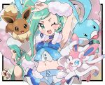  1boy 1girl ;d altaria arm_up arm_warmers armpits blush collarbone commentary_request earrings eevee eyelashes fu_(tk1189227dhy) green_eyes green_hair holding holding_poke_ball jewelry lisia_(pokemon) looking_at_viewer navel one_eye_closed open_mouth poke_ball poke_ball_(basic) pokemon pokemon_(game) pokemon_oras shorts shorts_under_skirt showgirl_skirt single_sidelock smile sparkle sylveon teeth tongue uncle_and_niece upper_teeth v wallace_(pokemon) 