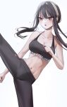  1girl :o bare_arms bare_shoulders black_hair black_pants blush breasts cleavage clothes_writing collarbone copyright_name eyebrows_visible_through_hair hairband highres kicking leg_up long_hair medium_breasts navel open_mouth pants quarter_1404 red_eyes short_hair_with_long_locks sidelocks simple_background solo spy_x_family standing standing_on_one_leg sweat v-shaped_eyebrows white_background white_hairband yoga_pants yor_briar 