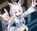  1girl ahoge animal_ears arms_up breasts detached_sleeves fox_ears fox_shadow_puppet fox_tail green_eyes grin highres hololive long_hair medium_breasts navel sakino_shingetsu shirakami_fubuki smile tail virtual_youtuber white_hair 