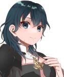  1girl arimaki_0121 armor bangs blue_eyes blue_hair breasts bustier byleth_(fire_emblem) byleth_(fire_emblem)_(female) capelet fire_emblem fire_emblem:_three_houses hair_between_eyes hand_on_own_chest shoulder_armor solo tassel turtleneck upper_body 