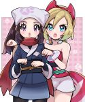  2girls akari_(pokemon) bangs black_legwear black_shirt blonde_hair blue_eyes border collar collarbone commentary_request eyelashes fu_(tk1189227dhy) grey_jacket grey_skirt hairband head_scarf irida_(pokemon) jacket looking_at_viewer multiple_girls open_mouth outside_border pantyhose paw_pose pokemon pokemon_(game) pokemon_legends:_arceus ponytail purple_eyes red_hairband red_shirt sash shirt shorts sidelocks skirt strapless strapless_shirt teeth tongue upper_teeth waist_cape white_border white_headwear white_shorts 