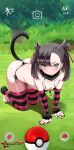  1girl :o absurdres all_fours artist_name ass asymmetrical_bangs awesomeerix bangs bikini black_bikini black_nails blush breasts cat_tail crawling ear_piercing fake_tail full_body fur_collar fur_cuffs grass green_eyes hair_ribbon highres looking_at_viewer marnie_(pokemon) medium_hair micro_bikini nail_polish outdoors parted_lips phone_screen piercing poke_ball poke_ball_(basic) pokemon pokemon_(game) pokemon_go pokemon_swsh ribbon side-tie_bikini skindentation small_breasts solo striped striped_legwear striped_sleeves swimsuit tail thighhighs toenail_polish toenails tree twintails undercut v-shaped_eyebrows viewfinder 