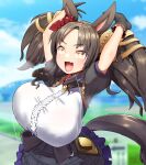  1girl :d animal_ears arms_behind_head arms_up bell black_gloves blurry blurry_background blush bouncing_breasts breasts brown_hair cloud day fang frills gloves highres horse_ears huge_breasts long_hair looking_at_viewer marvelous_sunday_(umamusume) open_mouth orange_eyes outdoors skin_fang sky smile solo tyamame589 umamusume yellow_eyes 