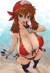  1girl amania_orz beach bikini blue_eyes bow_hairband breasts brown_hair cleavage gloves hairband highres large_breasts may_(pokemon) open_mouth pokemon pokemon_(game) pokemon_rse solo swimsuit water 