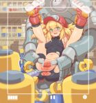  1girl anus areola_slip bare_shoulders bike_shorts blonde_hair blurry blurry_background blush boots breasts cabbie_hat censored collarbone commentary_request covered_nipples dot_nose eyebrows_visible_through_hair green_eyes hair_between_eyes hat highres legs_up mega_man_(series) mosaic_censoring navel open_mouth pussy red_footwear red_headwear roll_caskett_(mega_man) shorts sidelocks sleeveless small_breasts spread_pussy sweatdrop syringe tareme tenako_(mugu77) torn_clothes viewfinder 
