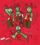  2d bow_tie bunny_costume butt circlehead clothing costume digital_drawing_(artwork) digital_media_(artwork) eyewear eyewear_on_head fangs fritz(rtc-450) gas_tank glasses glasses_on_head green green_body green_skin hi_res humanoid invalid_tag knife male nerd not_furry red red_suit rtcott-450 stickman 