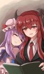  2girls :d bangs book closed_eyes crescent dress eyebrows_visible_through_hair hat head_on_another&#039;s_shoulder head_wings highres holding holding_book koakuma long_hair long_sleeves mob_cap multiple_girls namiki_(remiter00) necktie open_mouth patchouli_knowledge purple_hair reading red_eyes red_hair shirt sidelocks sleeping smile touhou white_shirt 