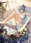  1girl :o ahoge aile_(crossroads) arm_behind_head arm_up bathing bathtub blue_hair blush breasts bust_cup ganyu_(genshin_impact) genshin_impact goat_horns highres horns knees_up large_breasts leaf leg_up legs lens_flare long_hair looking_at_viewer pantyhose pantyhose_removed partially_submerged purple_eyes shirt sidelocks sitting solo sunlight thighs torn_clothes torn_legwear water wet wet_hair white_shirt window 