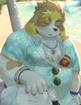  2022 absurd_res amidasuke anthro beach belly big_belly blush bottomwear canid canine canis clothing detailed_background domestic_dog eyes_closed hi_res hisaki_(live-a-hero) humanoid_hands kemono lifewonders live-a-hero male mammal outside overweight overweight_male sea seaside shirt shorts sitting solo topwear video_games water 