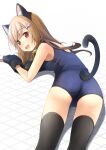  1girl :d animal_ear_fluff animal_ears animal_hands ass bare_shoulders bell black_gloves black_legwear blue_swimsuit breasts brown_hair cat_ears cat_girl cat_tail collar commentary_request gloves hair_ornament hairclip highres jingle_bell long_hair lying neck_bell on_stomach one-piece_swimsuit original paw_gloves paw_hair_ornament red_collar red_eyes school_swimsuit shibacha small_breasts smile solo swimsuit tail thighhighs white_background 
