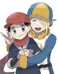  2boys :d belt black_hair black_shirt blonde_hair blue_jumpsuit brown_belt closed_eyes closed_mouth commentary_request grey_jacket hand_up hat hug hug_from_behind jacket jumpsuit looking_at_viewer male_focus multiple_boys open_mouth own_hands_together pokemon pokemon_(game) pokemon_legends:_arceus red_headwear red_scarf rei_(pokemon) sana_(37pisana) scarf shirt short_hair smile sweatdrop v volo_(pokemon) white_background 