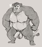  2022 anthro balls belly genitals humanoid_genitalia humanoid_hands humanoid_penis male mammal moobs musclegut nipples penis pure_command simple_background solo suid suina sus_(pig) wild_boar 